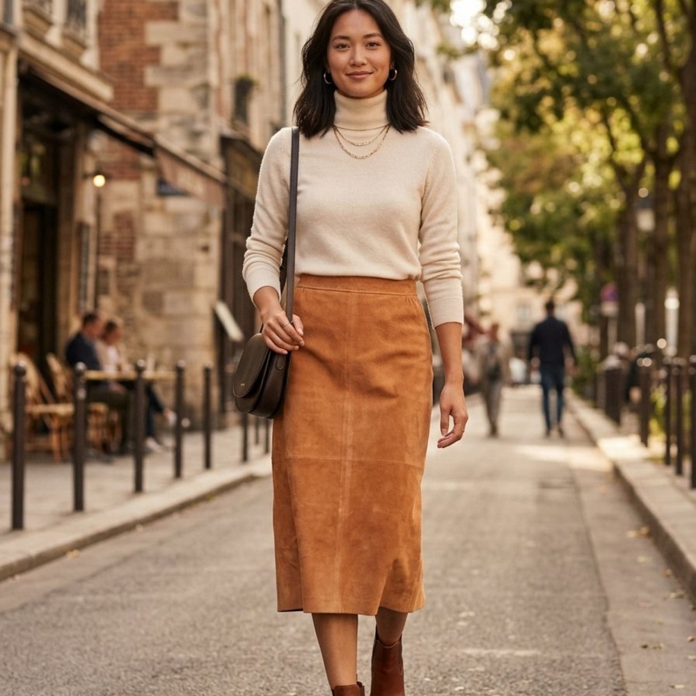 Vintage 1970s tan suede leather midi skirt. Made in Israel- modern size 6- med